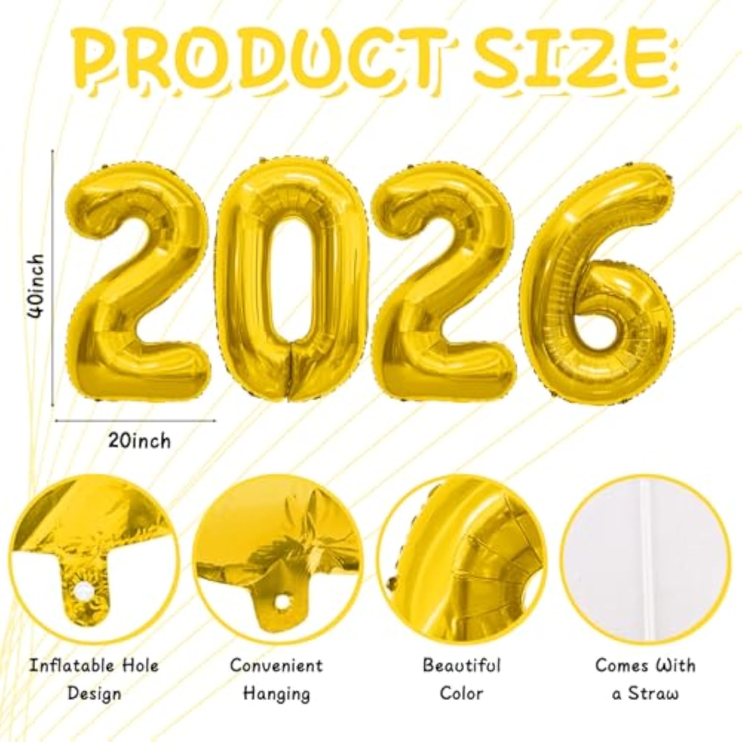 40in 2026 Gold Foil Number Balloons Happy New Year Party Decorations