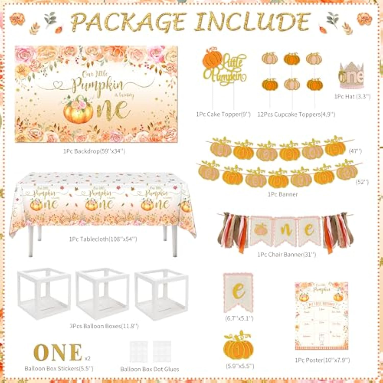 Little Pumpkin 1st Birthday Party Decorations Fall Balloons Garland Arch Kit Banner Tablecloth