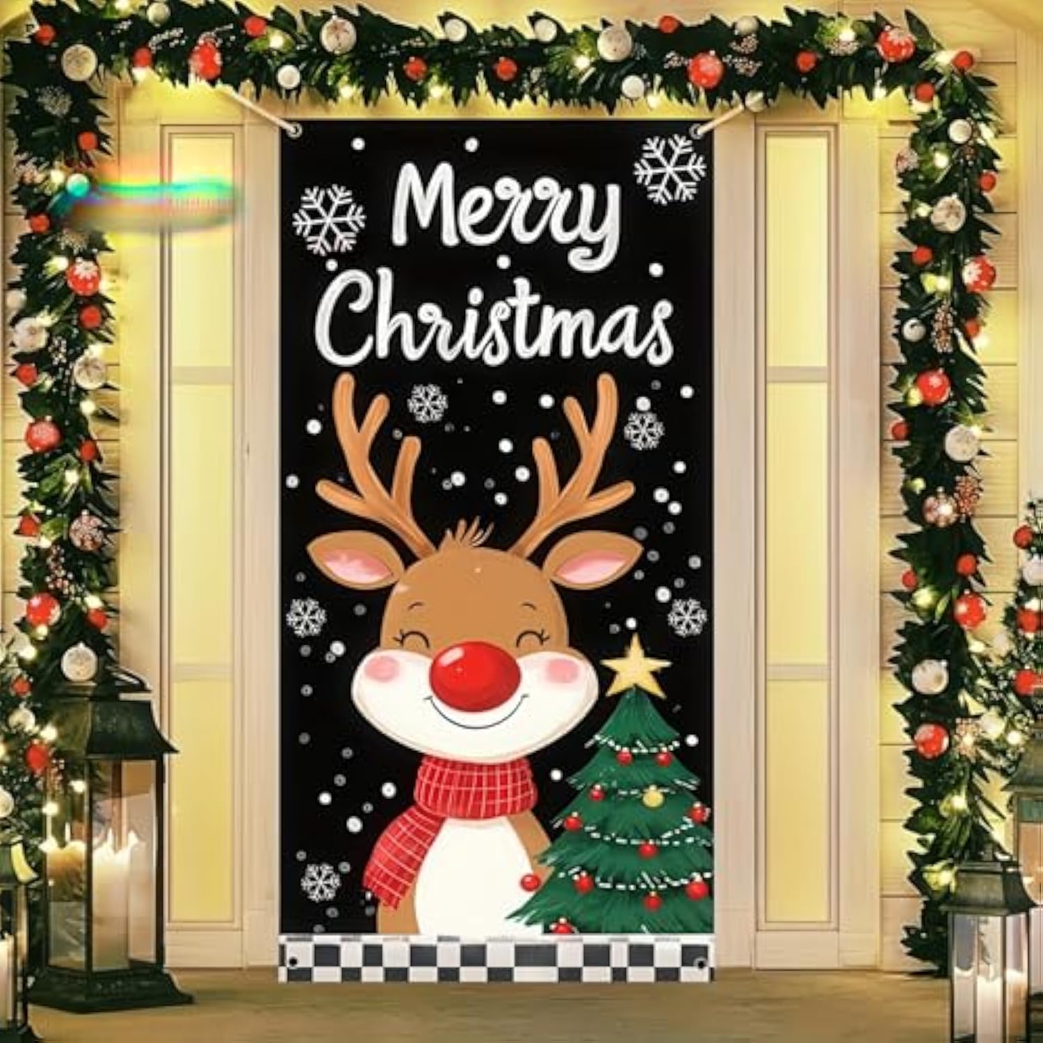 Christmas Door Cover Reindeer And Christmas Tree Design 71 X 35 Inch Merry Christmas Reindeer Hanging Banner Backdrop Photography Background Banner For Front Door Holiday Decor