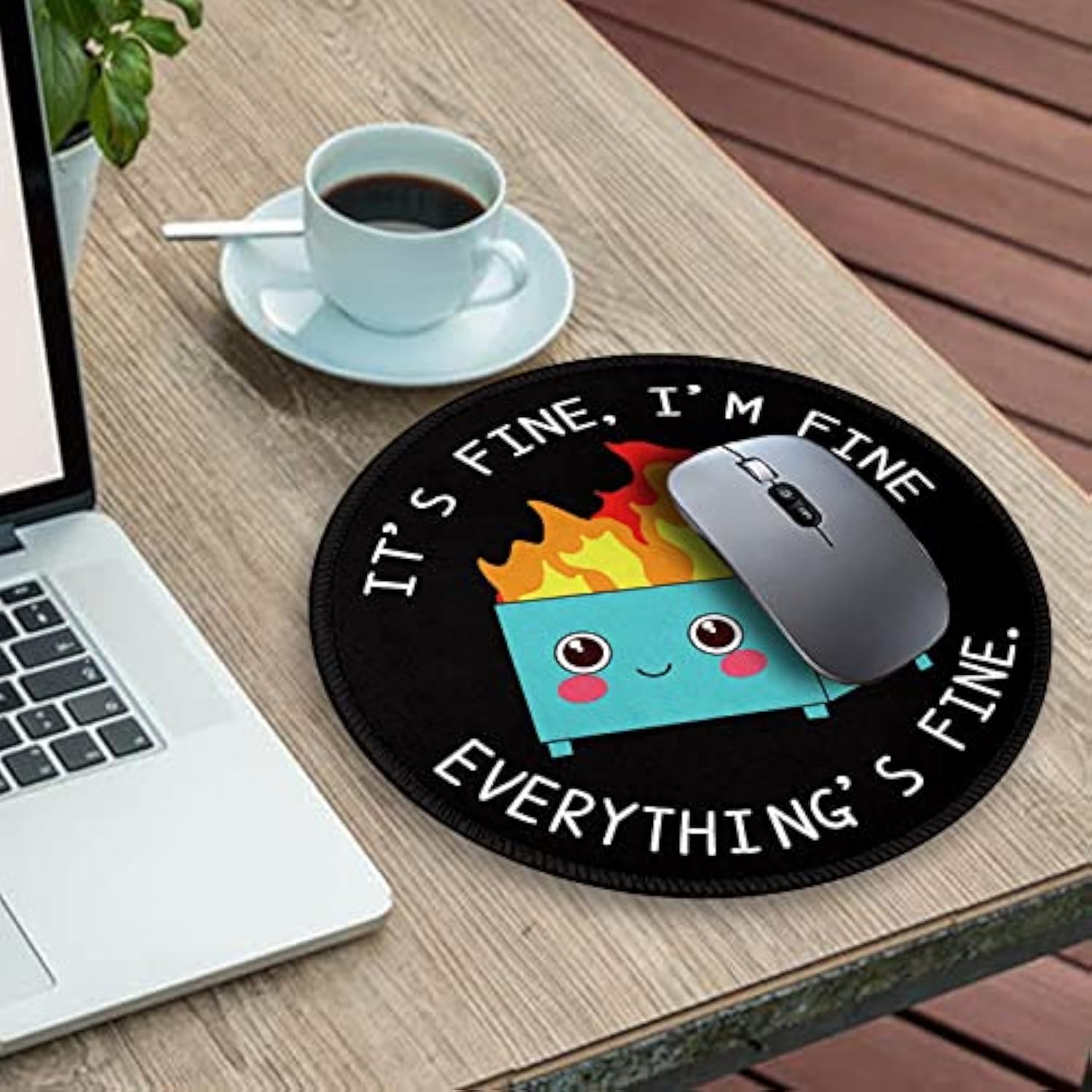 Dumpster On Fire Round Mouse Pad 8.6 X 8.6 Inch, Cute Funny Mousepad For Laptop Gaming, Stitched Edge Nonslip Rubber Base, Home Office Decor Desk Accessories, It'S Fine I`M Fine Everything Is Fine