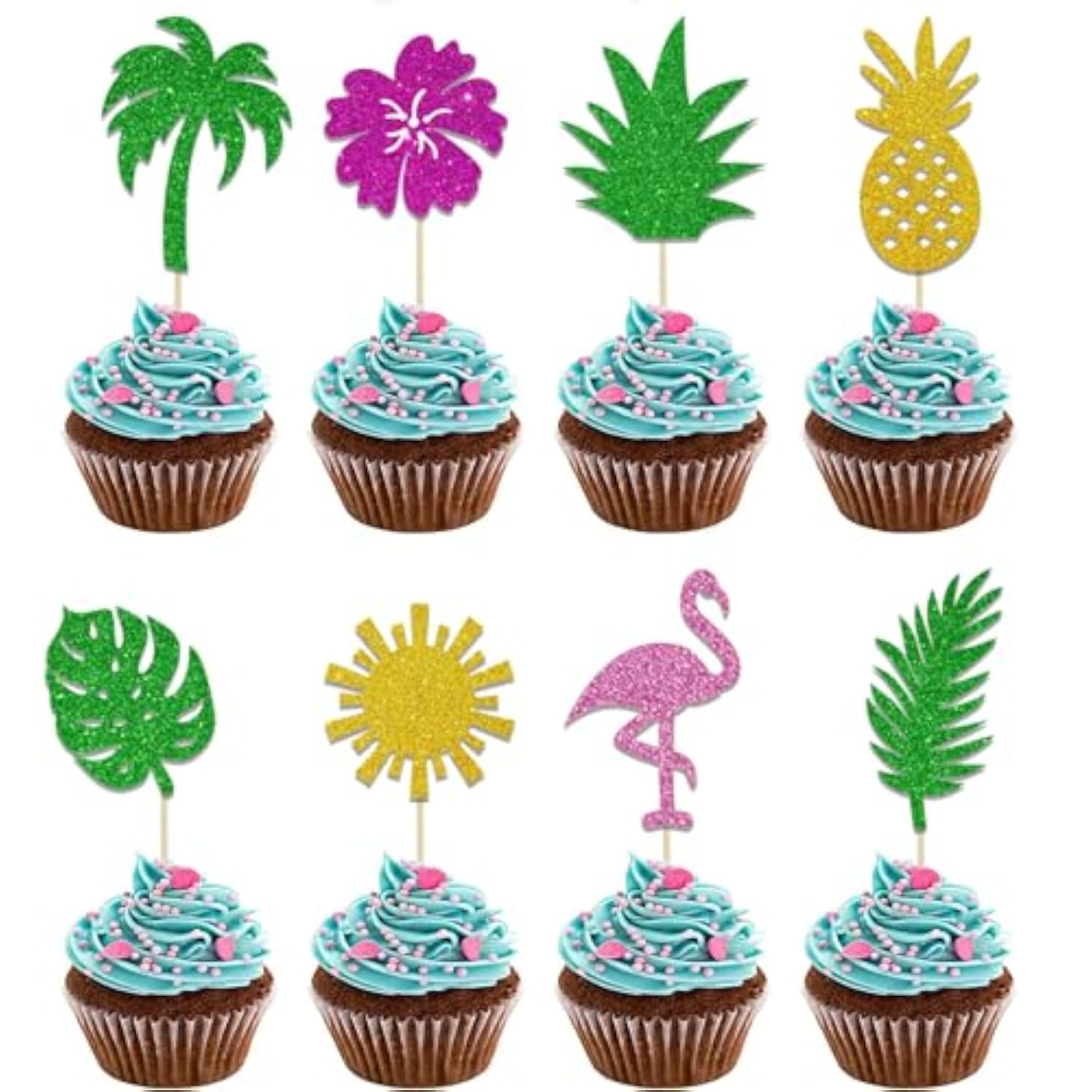 40Pcs Tropical Cupcake Toppers Glitter Leaf Pineapple Flower Palm Tree Flamingo Cupcake Picks Aloha Cake Decorations For Summer Hawaiian Aloha Baby Shower Birthday Wedding Party Cake Supplies