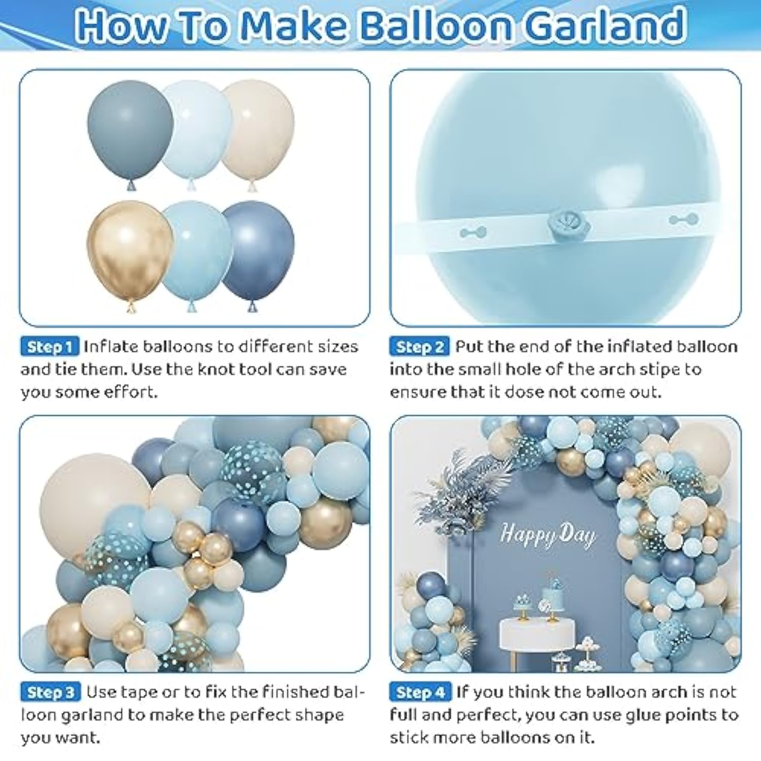172Pcs Dusty Blue Balloon Garland Kit Chrome Gold White for Baby Shower Party