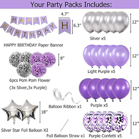 Birthday Decorations For Girls Purple And Silver Lavender Party Decor Kit For Her Women Including Happy Birthday Banner Pompom Flower Foil Balloons Confetti Latex Balloon Ribbons