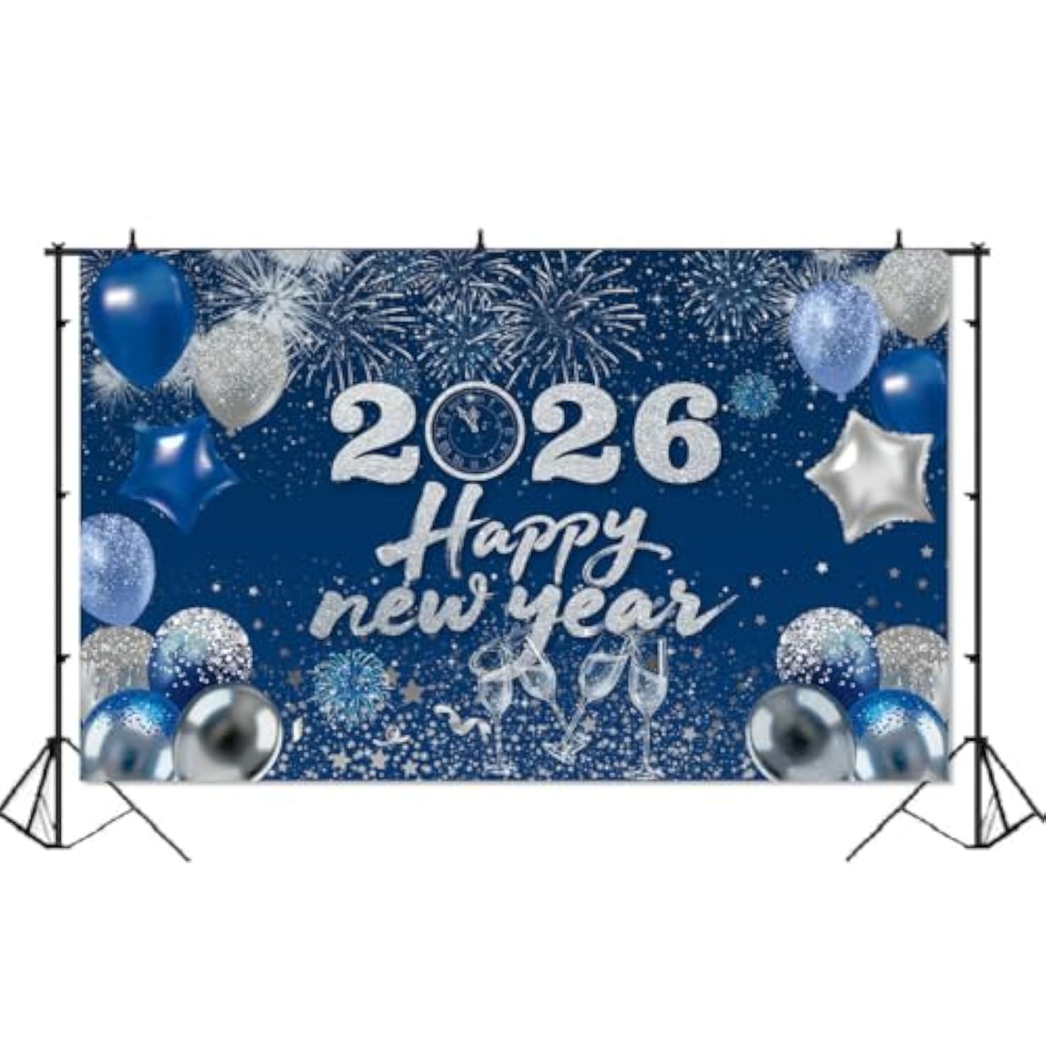 Happy New Year 2026 Blue Backdrop Banner for Party and Photo Booth Decor
