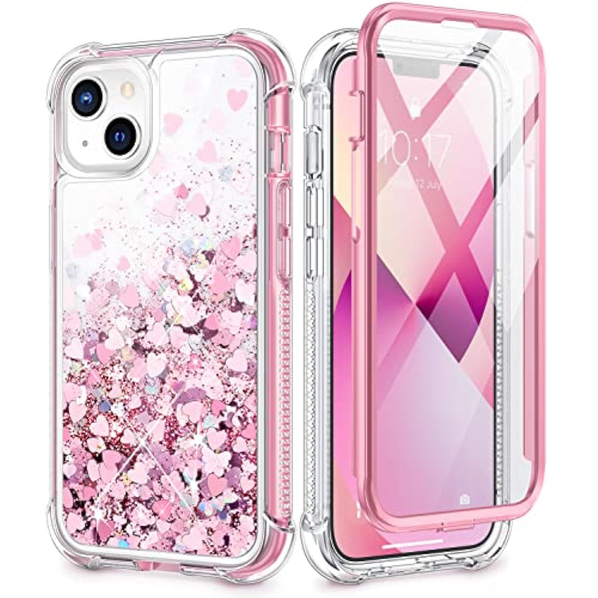 Glitter Case For 13 & 14 For Women Girls, Full Body Bling Sparkle Liquid Shockproof Protective Phone Cover With Built-In Screen Protector – Pink