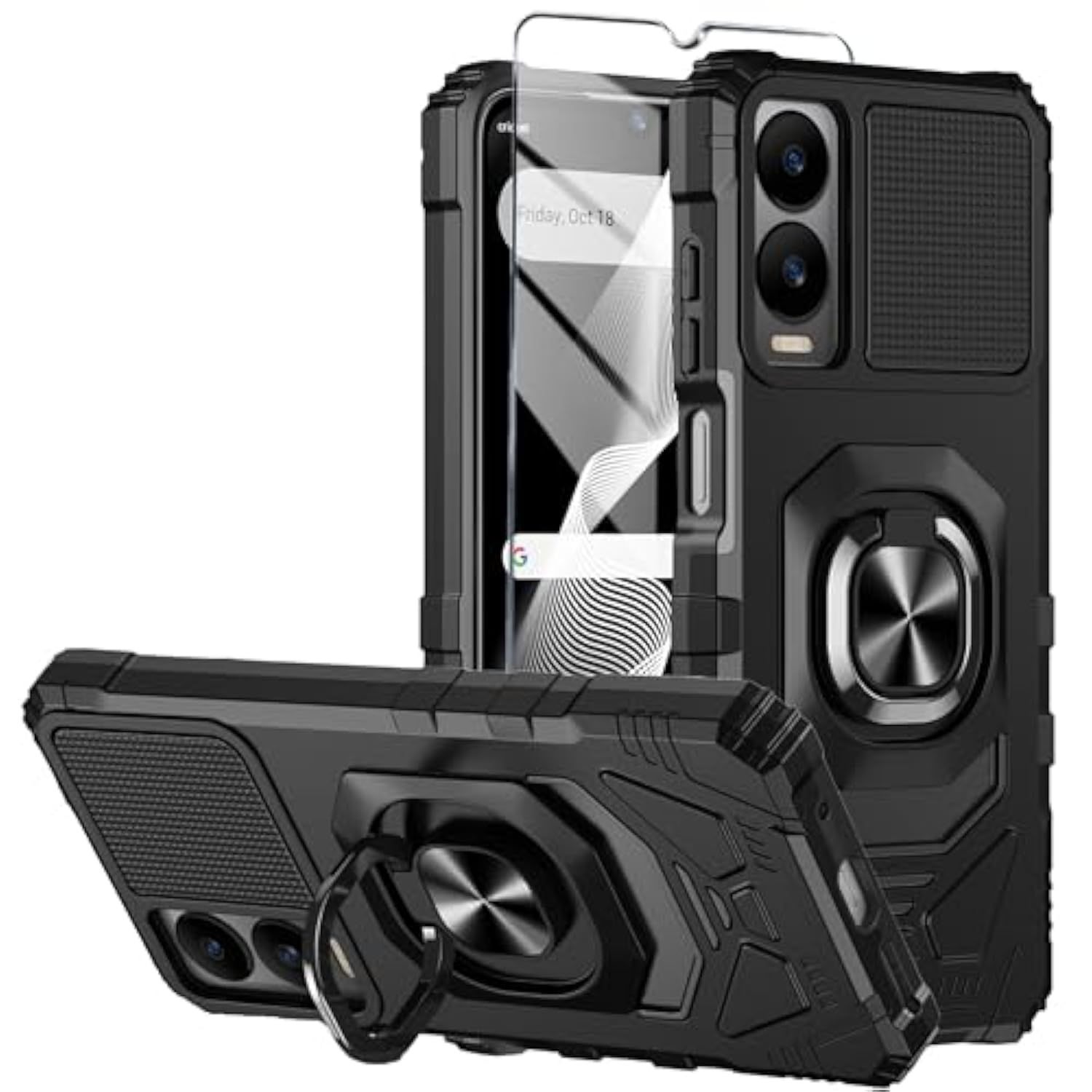 For Cricket Icon 6 Phone Case/At&T Verge Case With Tempered Glass Screen Protector,Military Grade Heavy Duty Shockproof Protective Cover,With Ring Kickstand (Cricket Icon 6, Black)