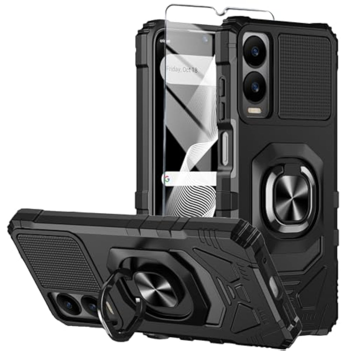 For Cricket Icon 6 Phone Case/At&T Verge Case With Tempered Glass Screen Protector,Military Grade Heavy Duty Shockproof Protective Cover,With Ring Kickstand (Cricket Icon 6, Black)