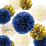 15 PCS Navy Blue Gold Tissue Paper Pom Poms for Men Birthday