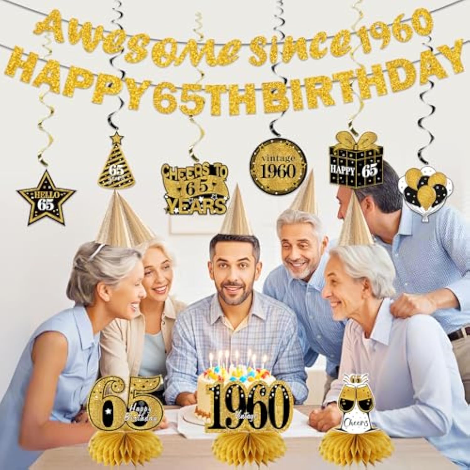 11Pcs 65th Birthday Kit - Black & Gold Banner, Centerpieces & Party Supplies