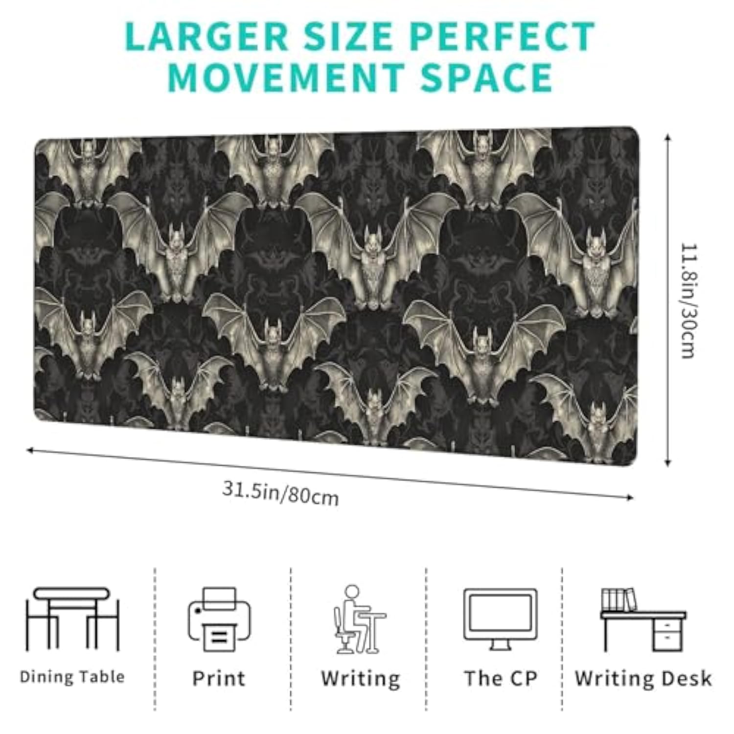 Dark Bat Gaming Mouse Pad – 12X31.5In Non-Slip Rubber Desk Mat With Gothic Design – Large Extended Mousepad For Office, Home – Deskmat Gifts For Goth And Horror Enthusiasts Decor