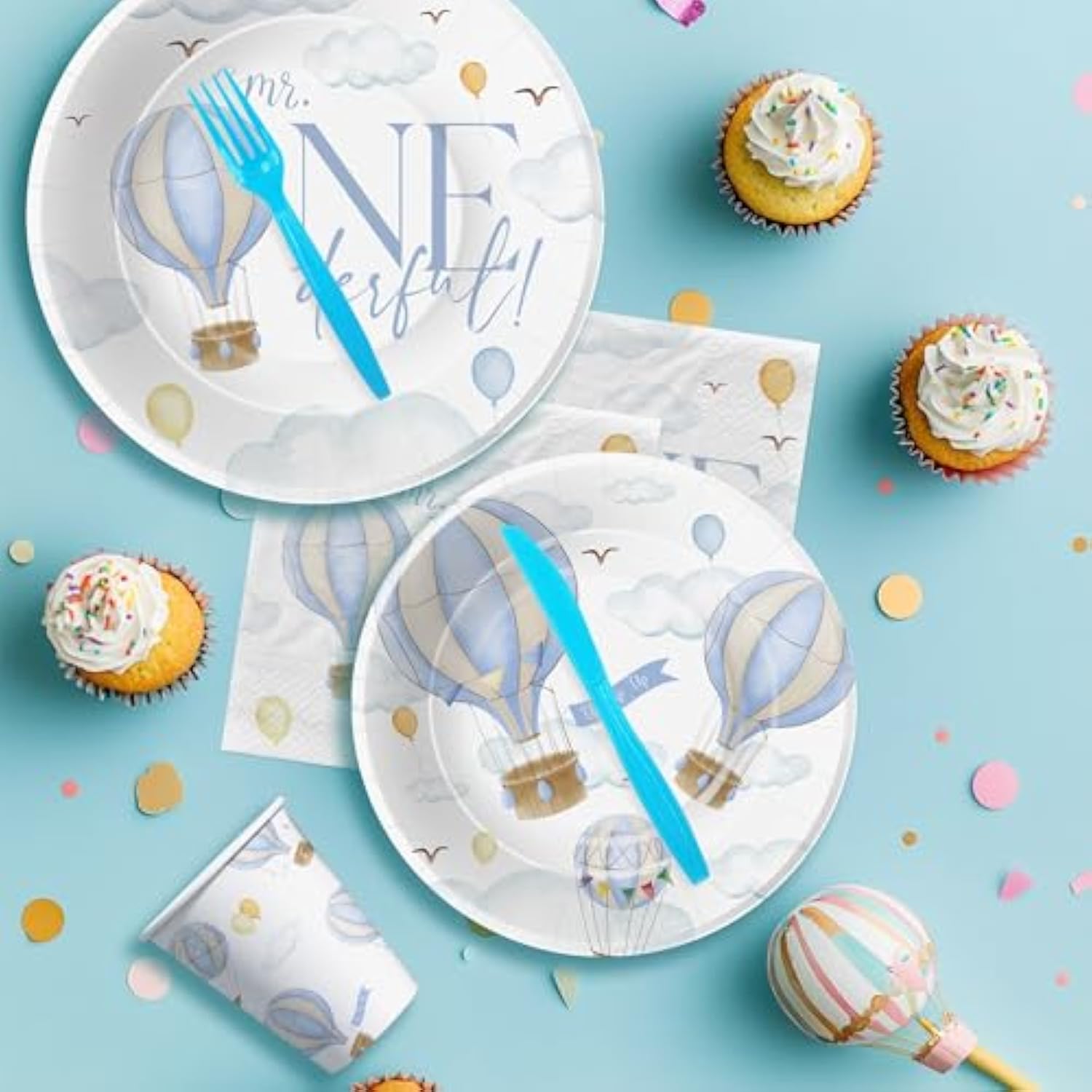 Hot Air Balloon 1St Birthday Party Supplies Boy, Mr Onederful Birthday Decorations, Plate, Napkin, Cup, Cutlery, Blue Hot Air Balloon First Birthday Party Decorations For 24 Guests