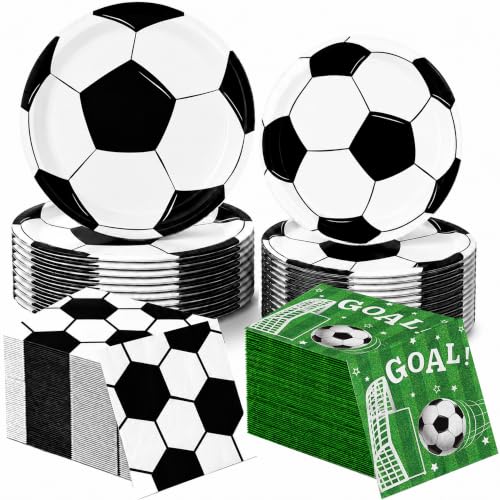 150 PCS Soccer Plates and Napkins, Soccer Party Supplies Disposable Paper Plates and Napkins Tableware Set for Sports Soccer Birthday Party Decorations, Serves 50