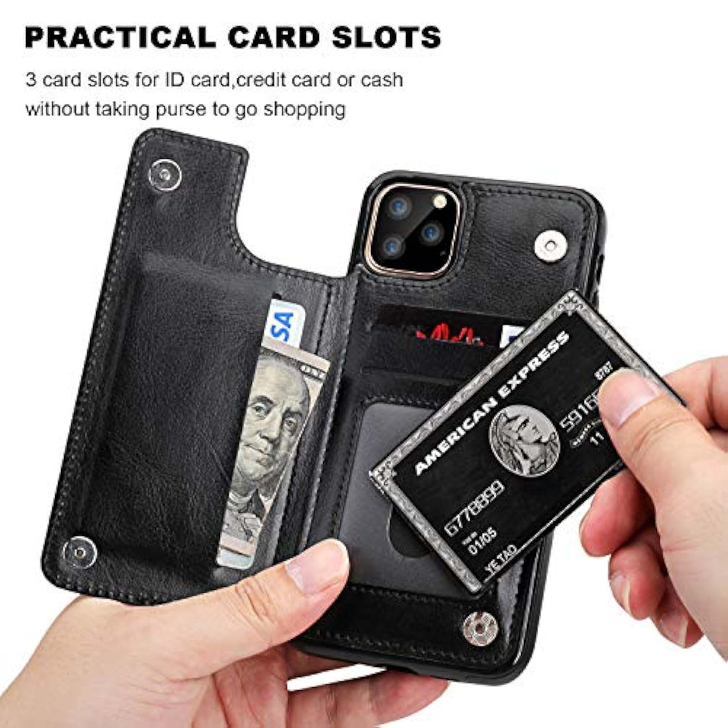 For Iphone 11 Pro Max Wallet Case With Card Holder, Pu Leather Kickstand Card Slots Case,Double Magnetic Clasp And Durable Shockproof Cover For Iphone 11 Pro Max 6.5 Inch (Black)