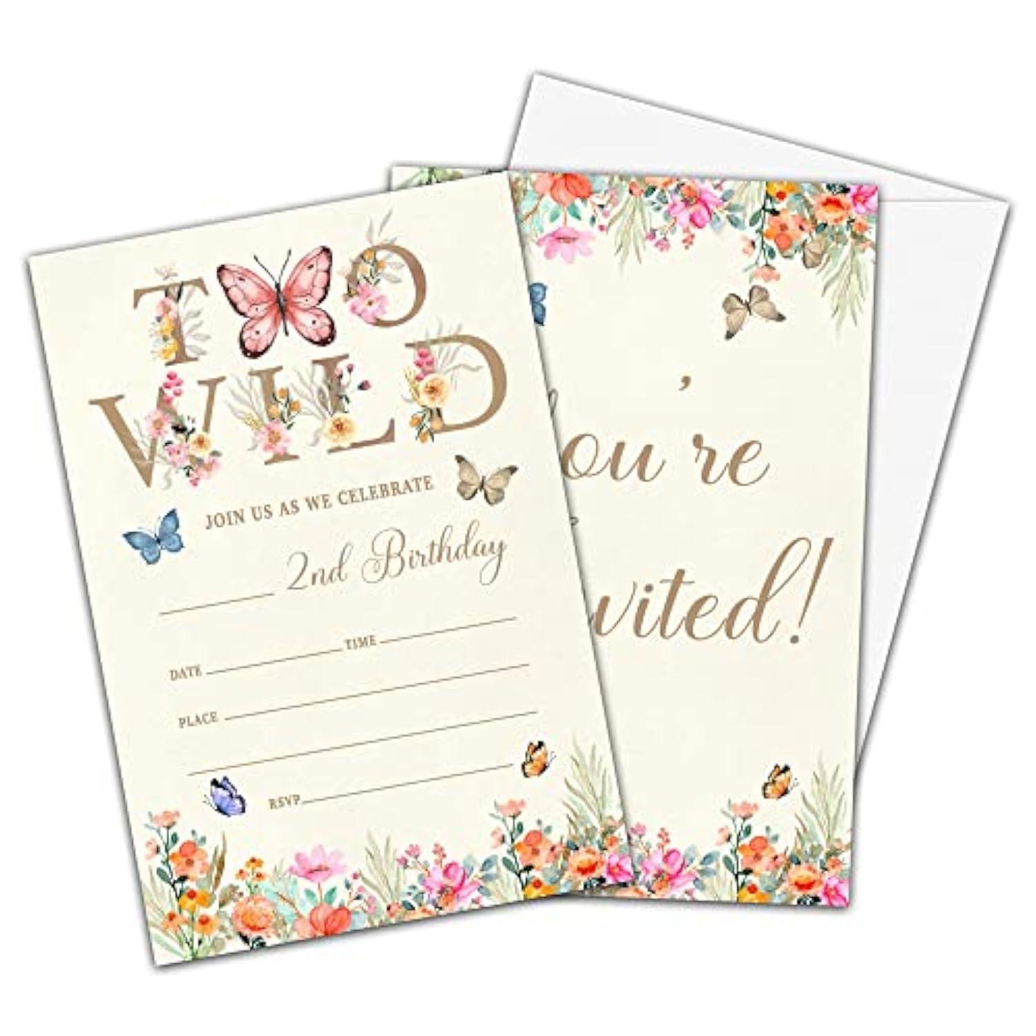 Butterfly Birthday Invitations For Boys Girls, Two Wild Birthday Party Supplies And Decoration, 20 Cards With 20 Envelopes -A06