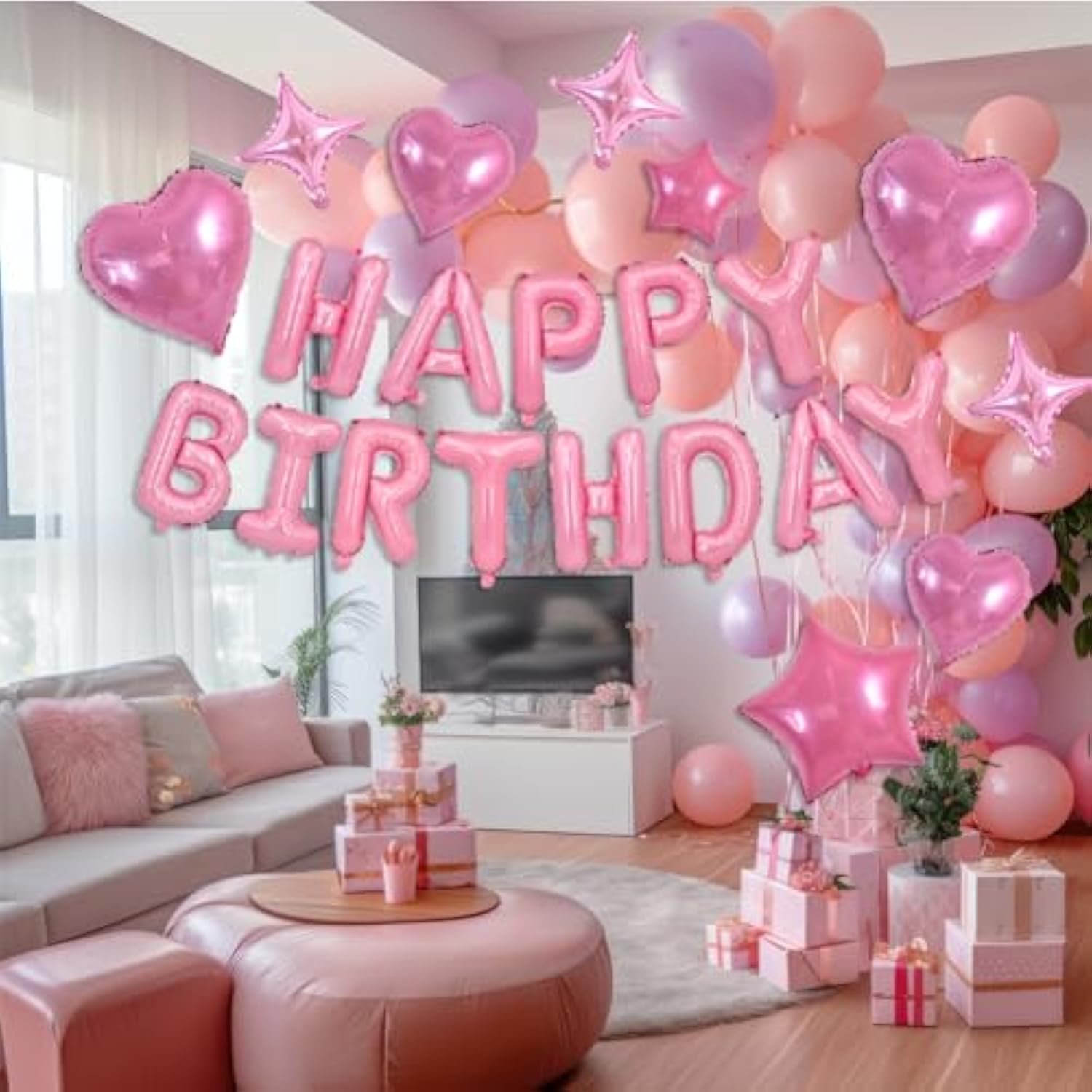 35PCS Light Pink Happy Birthday Decorations, 16" Foil Banner & Star Balloons for Parties