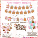 Christmas & Birthday Decorations - Pink Gingerbread Man Merry Birthday Theme Banner, Candy House Cake Topper & Latex Balloons For Boys & Girls Parties