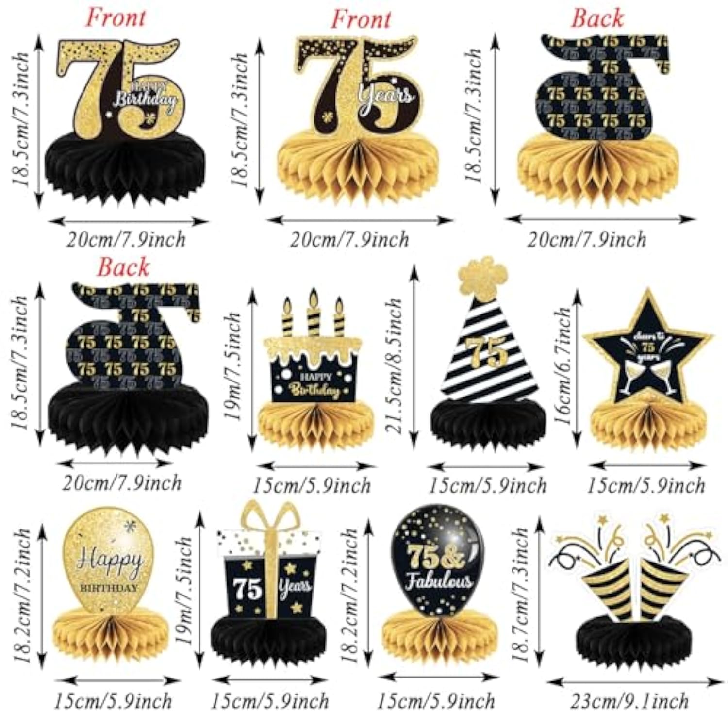 75th Birthday Honeycomb Centerpiece Set: Black & Gold Table Decorations