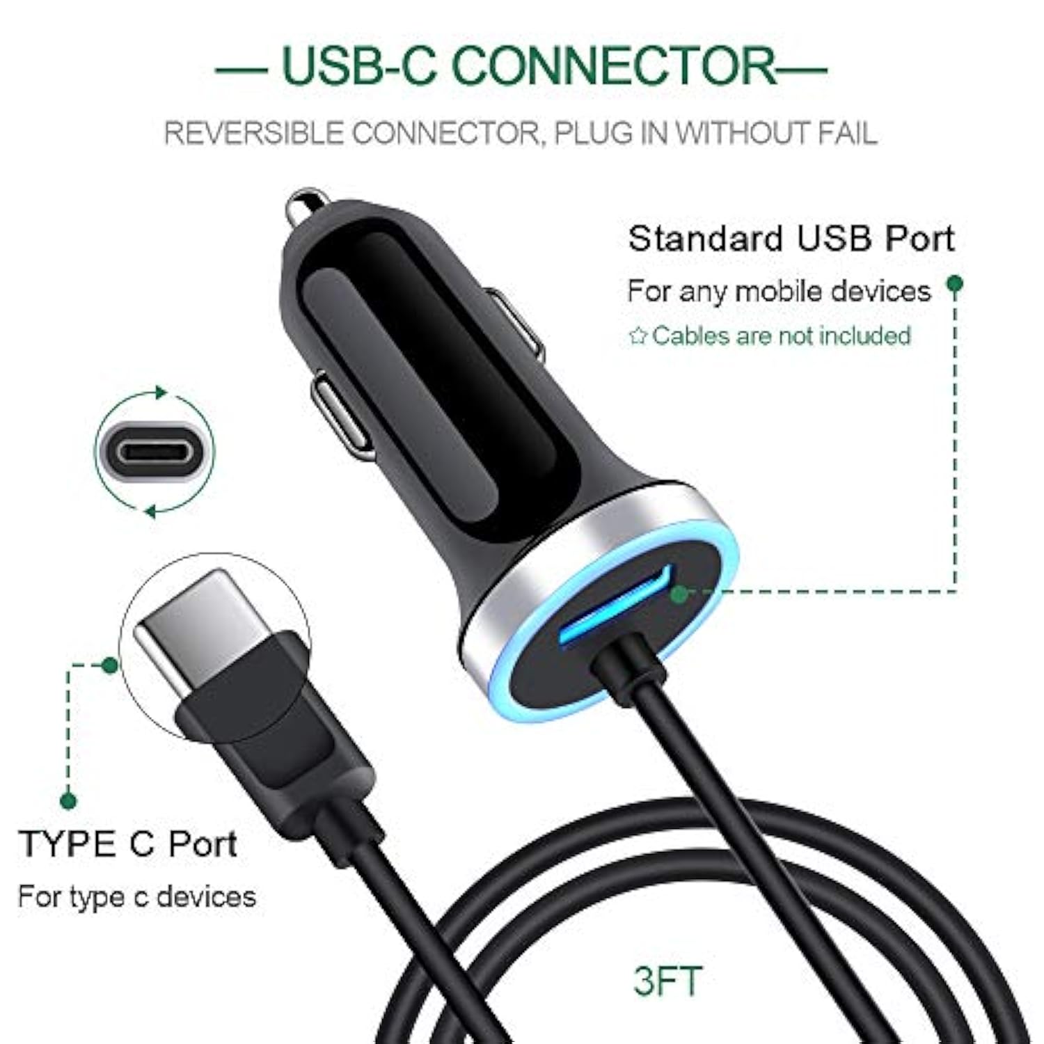 Usb C Car Charger, 3.4A Fast Charging Car Charger For Samsung Galaxy S25 Ultra S24 Fe S23 S22 S21 S20 S10E S9 S8 Note 20 10 A16 A15 A14 A56 A36 A26 A06 A50 A20 A51 A71 A21 A10E, With 3Ft Type C Cable