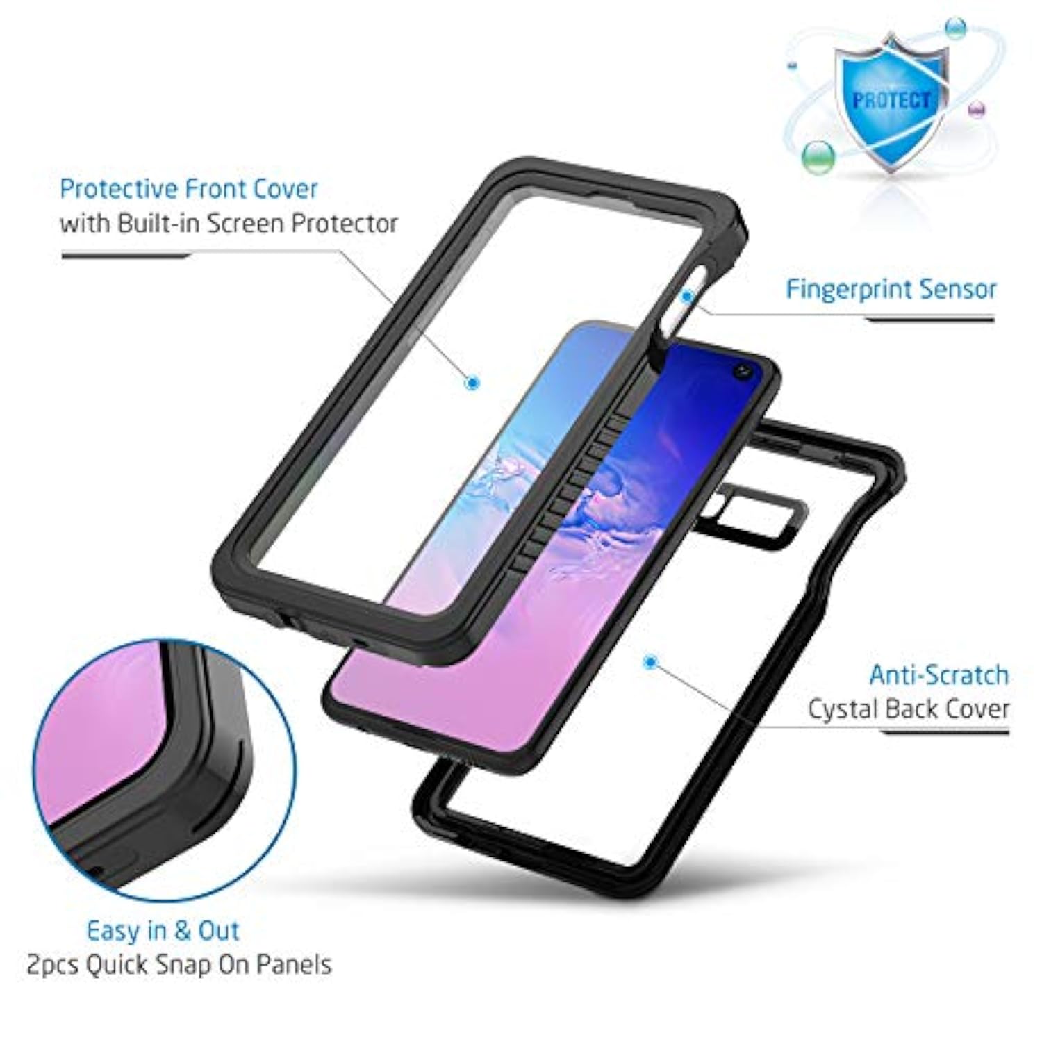 For Samsung Galaxy S10E Case, Ip68 Waterproof Dustproof Case With Built-In Screen Protector, Heavy Duty Full Body Protective Clear Back Phone Cover For Galaxy S10E, Black