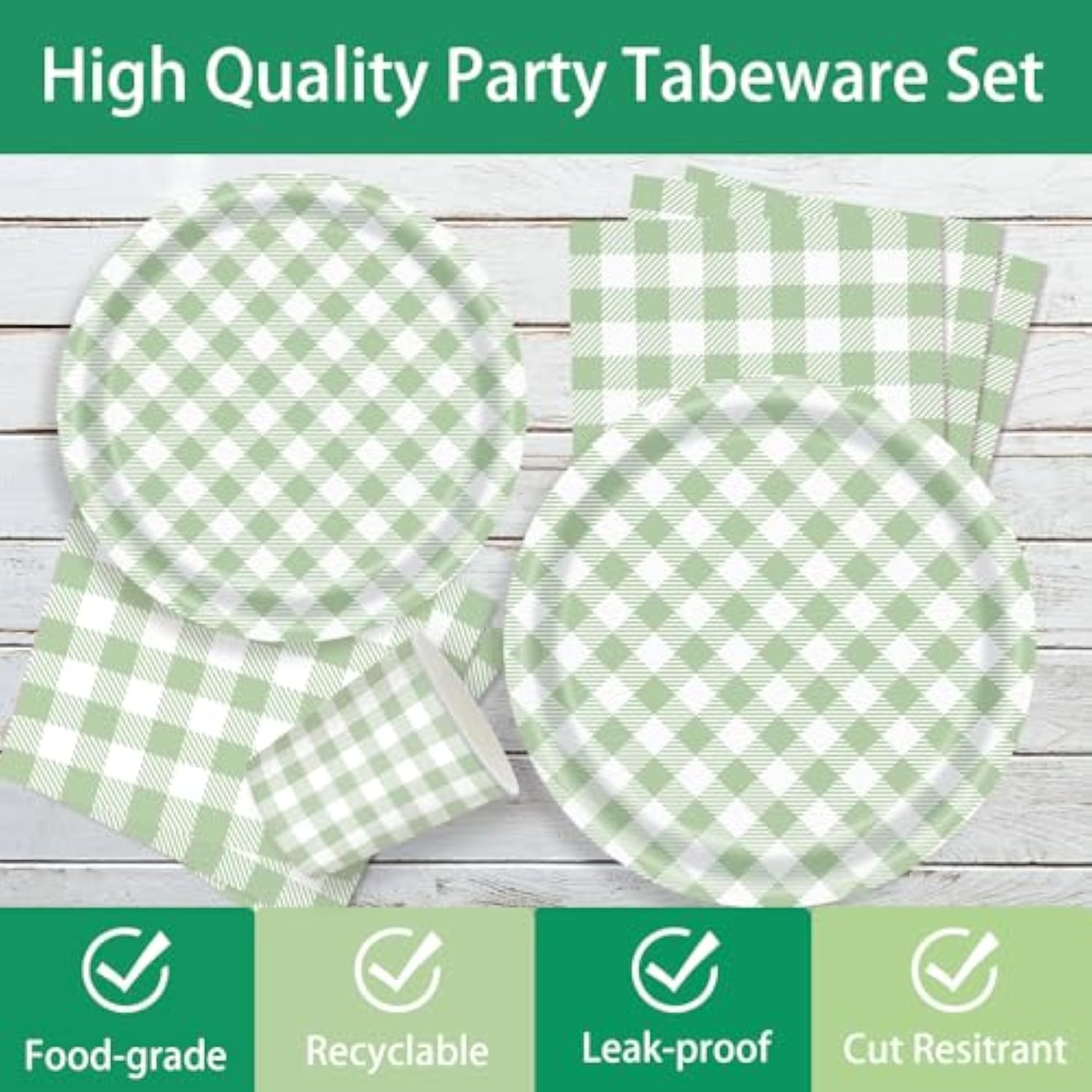 140Pcs Gingham Party Supplies For 20 Guests Thick Paper Plates And Napkins Knives Spoons Forks Cups Disposable Party Set Cutlery For Dinner Baby Shower Wedding Favor (Green)