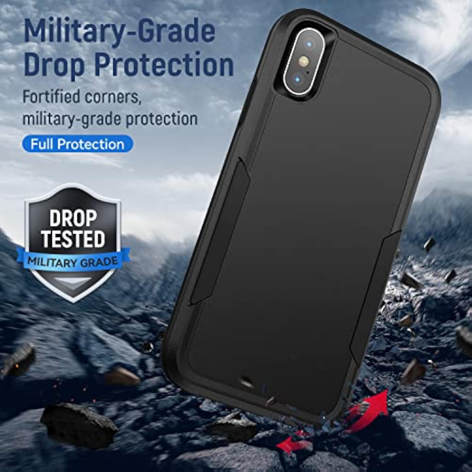 Heavy-Duty Tough Rugged Shockproof Protective Case for iPhone X/Xs with HD Screen Protector, Black