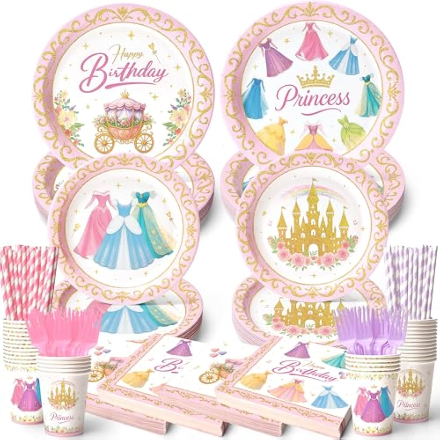 300 Pcs Princess Paper Plates Napkins, Birthday Party Supplies Include Forks Cups Straws, Summer Party Tableware Set For Kids, Serves 50 Guests