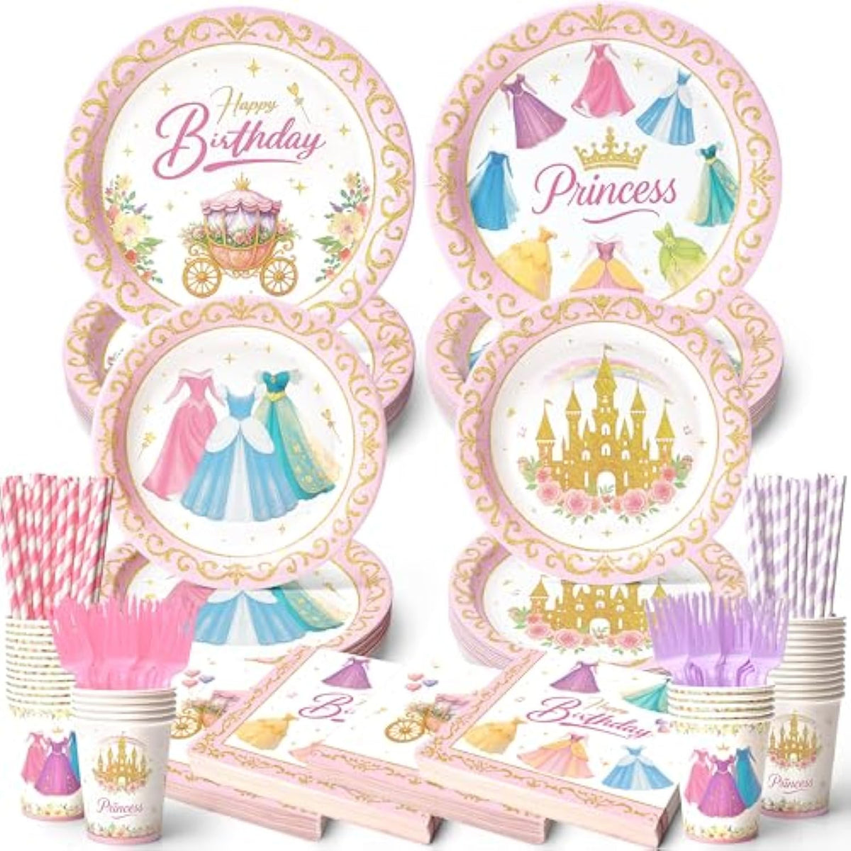 300 Pcs Princess Paper Plates Napkins, Birthday Party Supplies Include Forks Cups Straws, Summer Party Tableware Set For Kids, Serves 50 Guests