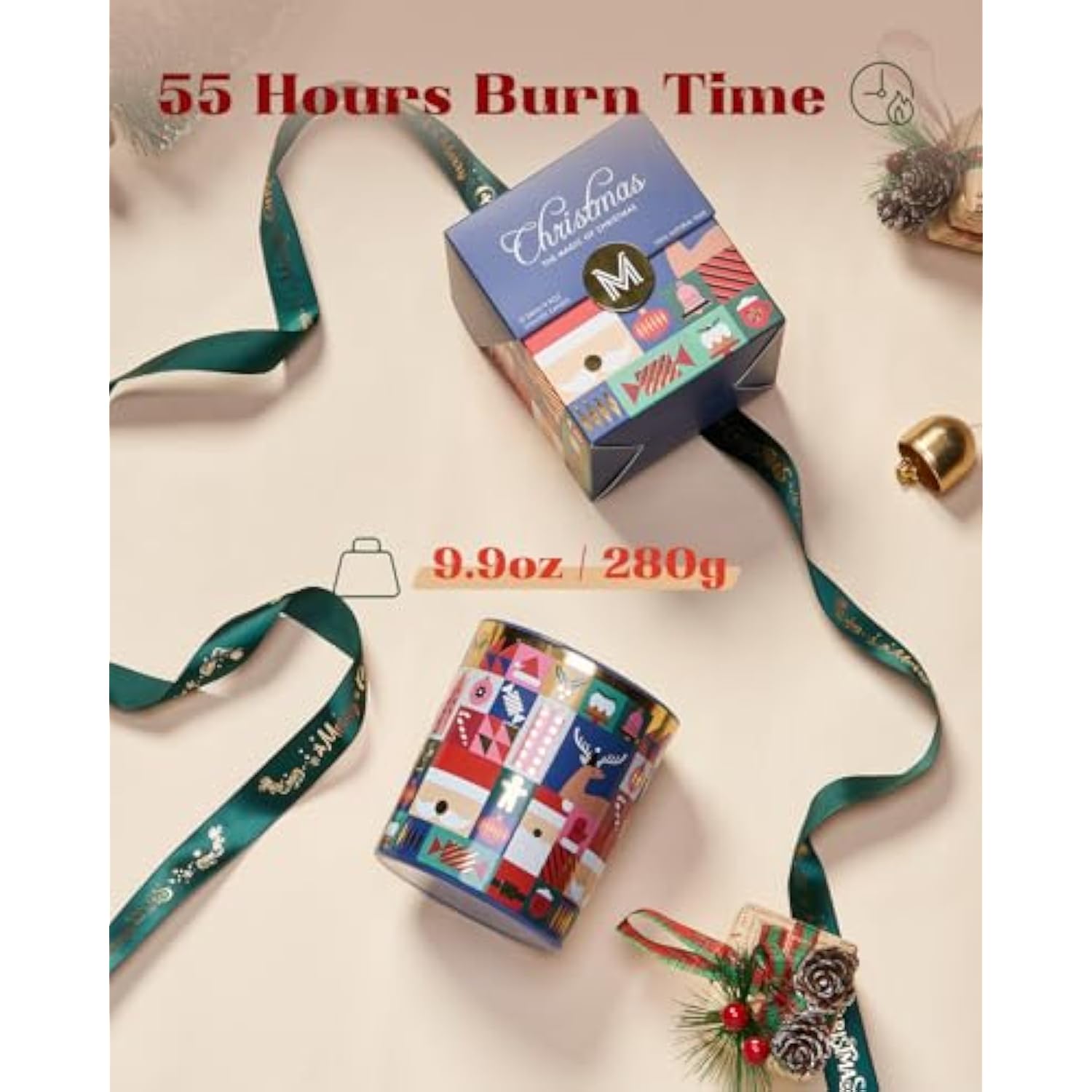 Magic Christmas 55 Hours Vanilla & Apple Scented Natural Soy Wax Candle For Home, 9.9Oz Clean Non Toxic Candle For Bathroom, Christmas Scented Gift For Celebration Holiday