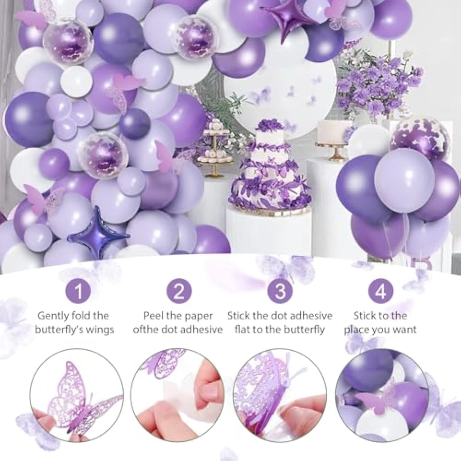 150Pcs Purple Balloon Garland Kit With Butterfly Stickers, Lavender White Macaron Metallic Purple Confetti Balloons Arch For Birthday Wedding Anniversary Sweet 16 Enchanted Forest Party Decor
