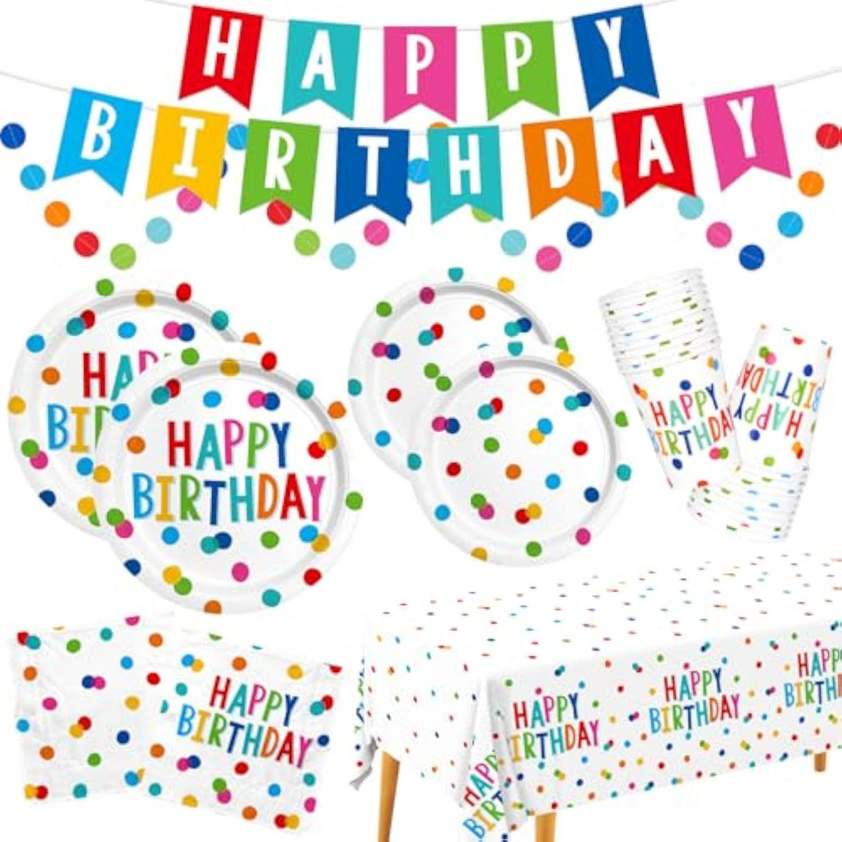 Happy Birthday Decorations: Happy Birthday Party Supplies Set With Birthday Dots Design- Includes Disposable Paper Birthday Plates And Napkins, Cups, Tablecloth, And Banner For Boys/Girls, Serves 25.