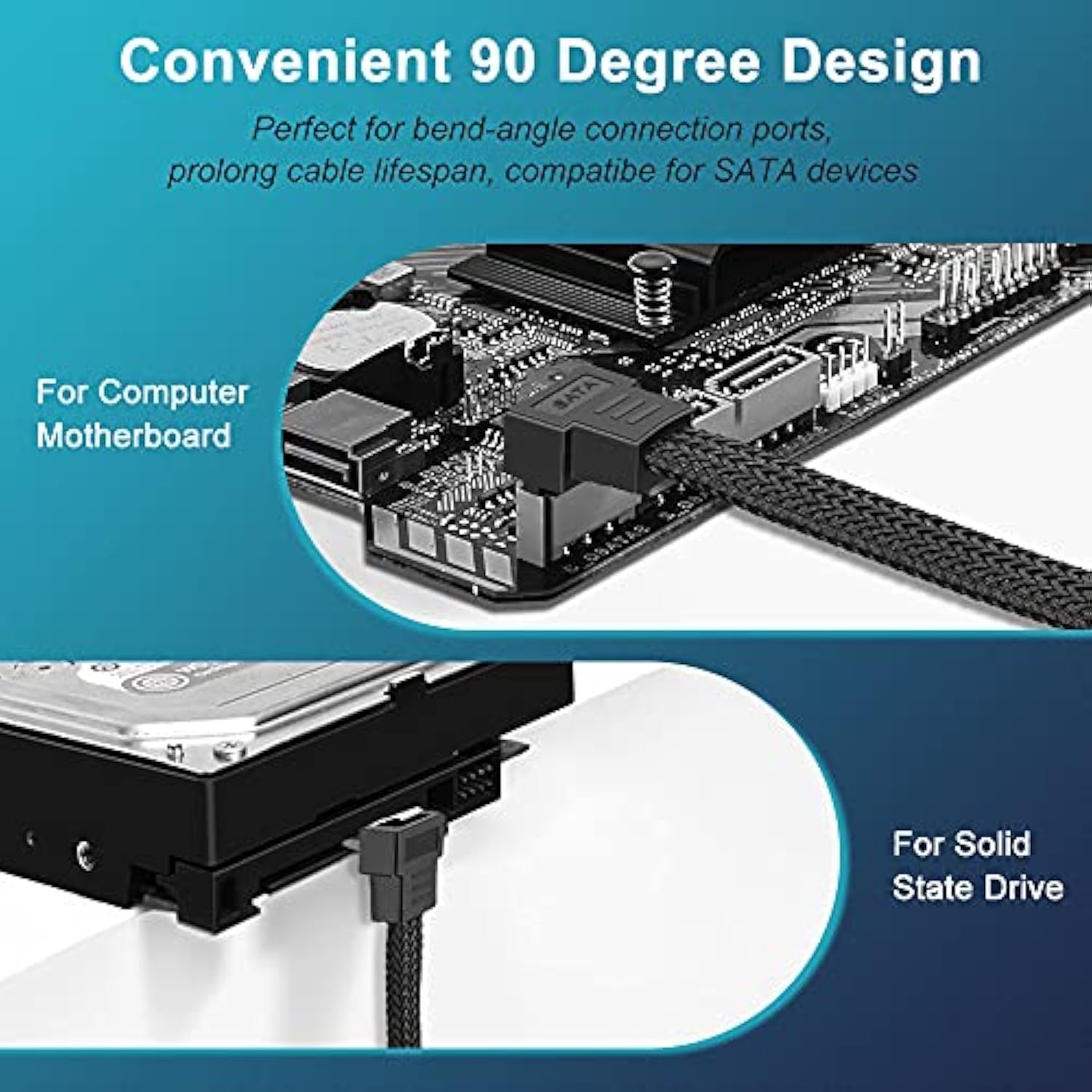 Sata Iii Cable, 6Gbps 90 Degree Right Angle Hdd Sdd Data Cable, Sata 3.0 Nylon