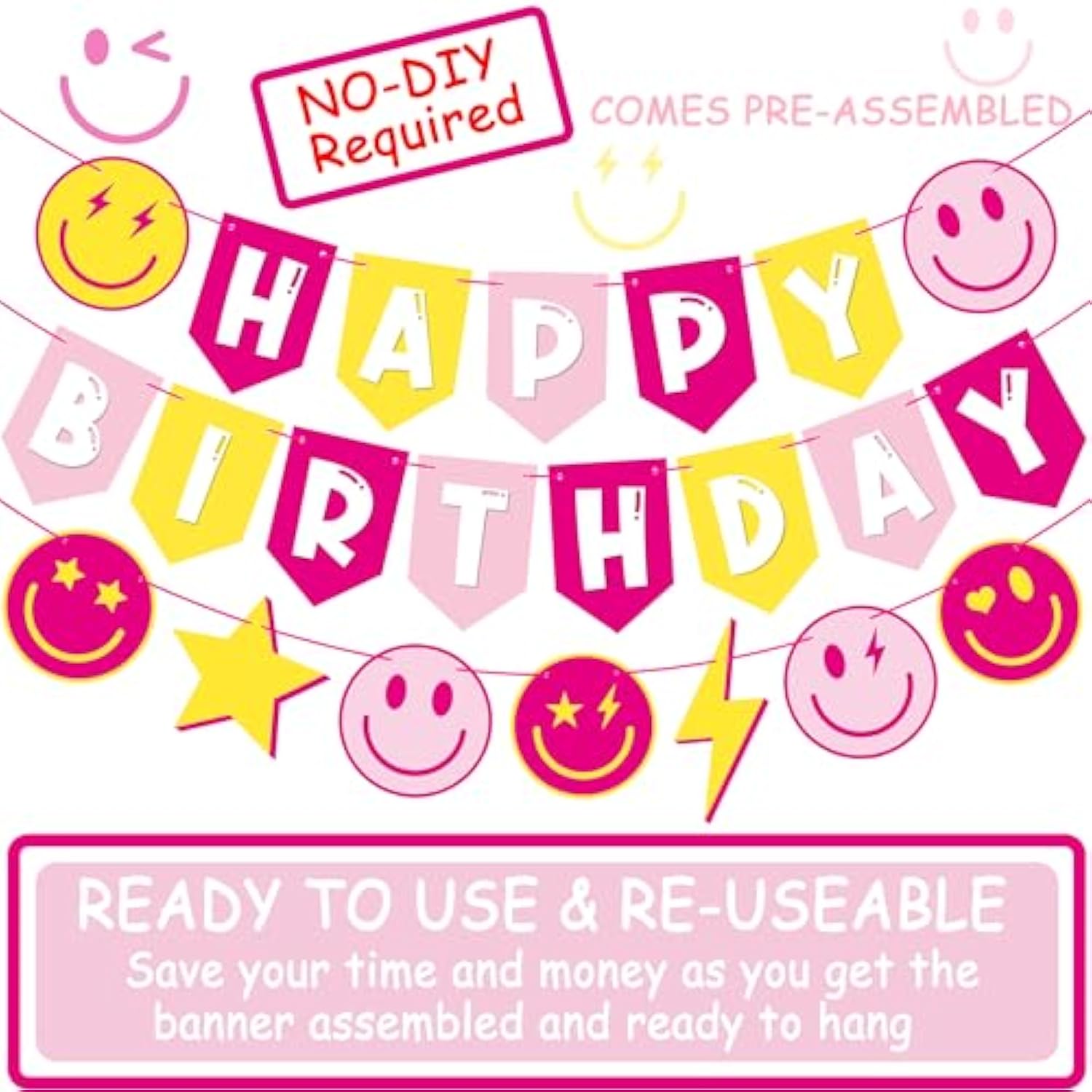 Preppy Birthday Party Banners Preppy Birthday Decoration 3Pcs Pink And Yellow Preppy Smiley Face Happy Birthday Banners For Preppy Smile Face Star Lightning Theme Party Baby Shower Supplies