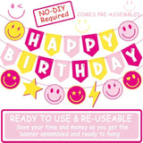 Preppy Birthday Party Banners Preppy Birthday Decoration 3Pcs Pink And Yellow Preppy Smiley Face Happy Birthday Banners For Preppy Smile Face Star Lightning Theme Party Baby Shower Supplies