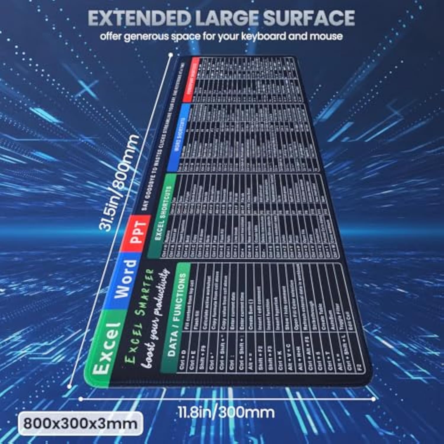 Excel Cheat Sheet Desk Pad, 31.5" X 11.8" Large Shortcuts Mouse Pad, Excel/Word/Power Point Computer Mat, Non-Slip Keyboard Shortcut And Xl Gaming Desk Mat For Office Computer