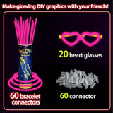 60pcs 8in Pink Glow Sticks with Connectors Heart Glasses Party Supplies