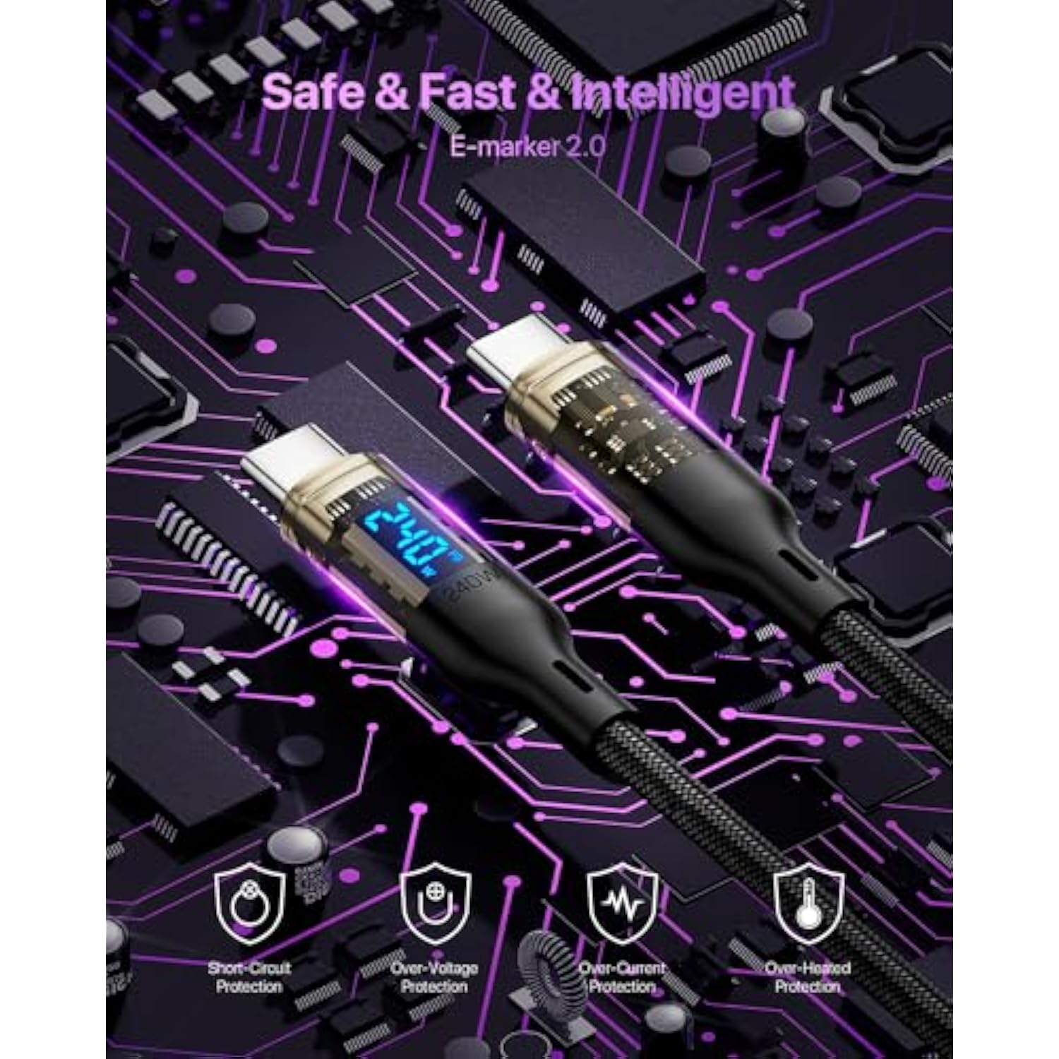 240W Usb C To Usb C Transparent Cable With Led Display Compatible With 140W 100W Fast Charging For Macbook Pro,Lphone 16/15/15Pro/15Promax,Galaxy S23+/S23Ultra/S22,10Ft 2Pack,Black