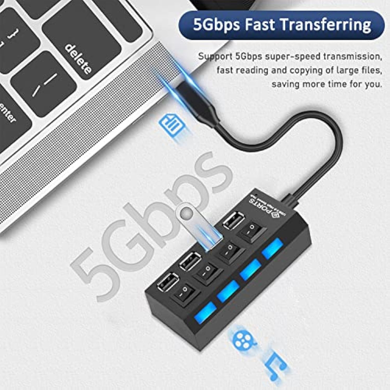 Usb Hub 3.0, 4-Port Usb 3.0 Data Hub With Individual Led Lit Power Switches Fo
