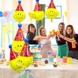Unique 4D Happy Emoticons With Hat Balloons Smile Face Helium Balloons, 6 Pack Cute Cartoons Movie Character Smile With Party Hat Foil Mylar Balloons For Kids Birthday Decoration Party Supplies