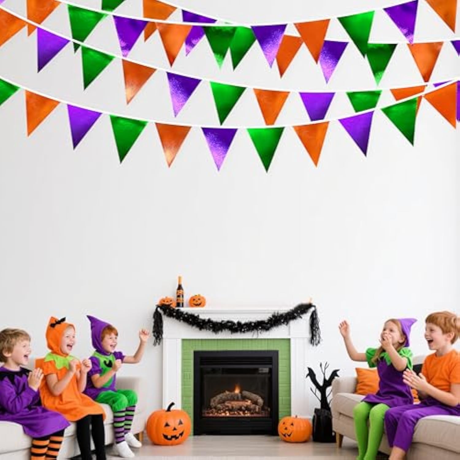Halloween Metallic Fabric Triangle Pennant Banner Green Orange Purple Party Decor