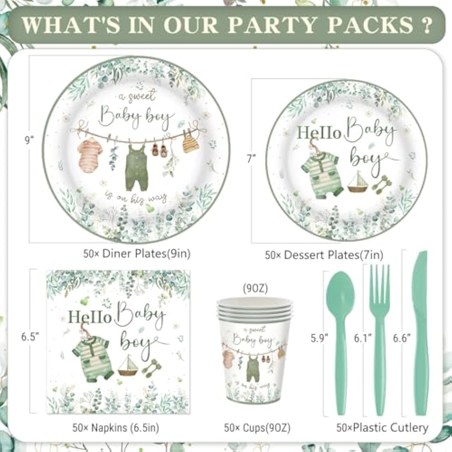 350Pcs Greenery Baby Shower Decorations For 50 Guests Include Disposable Paper Plates, Napkins, Cups And Plastic Cutlery For Boy