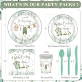 350Pcs Greenery Baby Shower Decorations For 50 Guests Include Disposable Paper Plates, Napkins, Cups And Plastic Cutlery For Boy