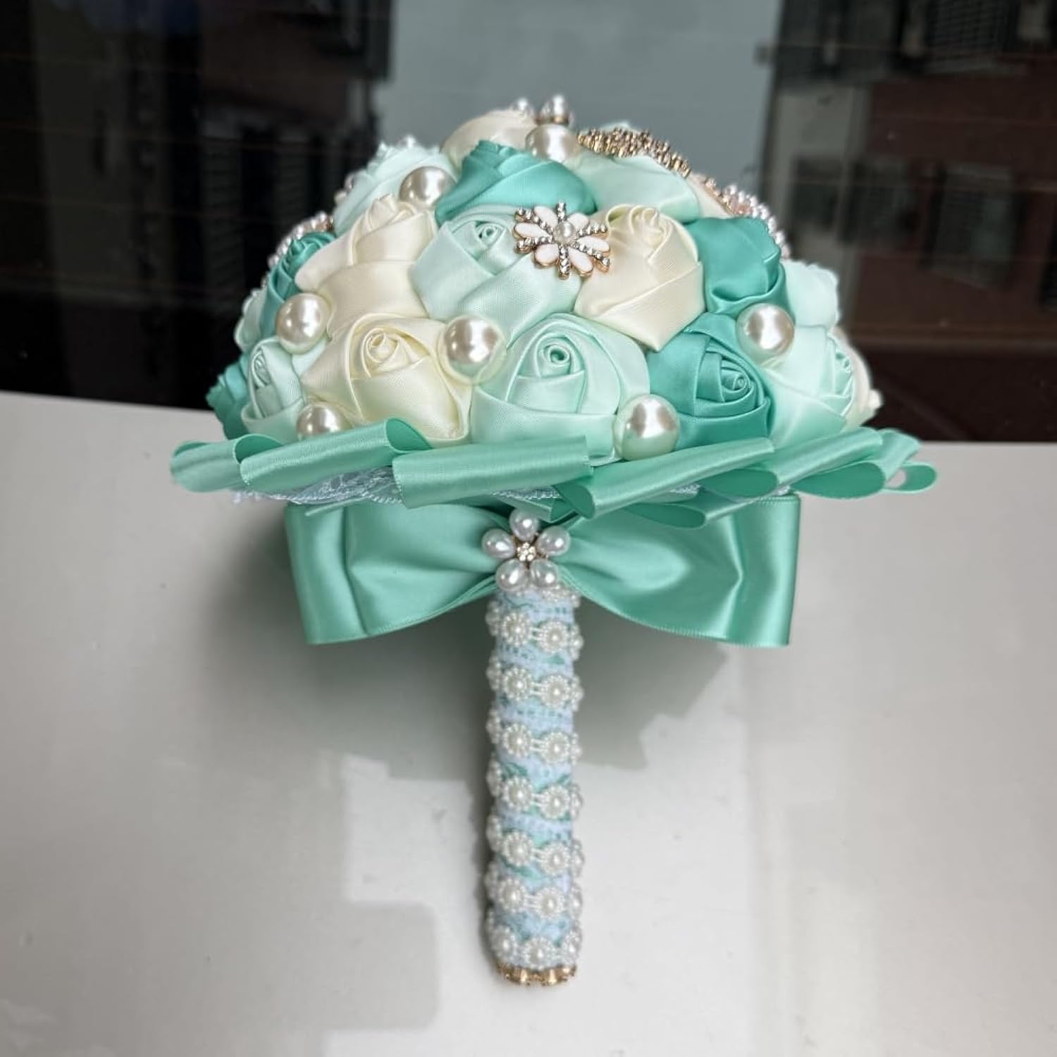 Bridal Wedding Bouquet With Rhinestone Brooch Pearl Bouquet For Bride Bridesmaid Satin Rose Artificial Flower Bouquet Wedding Quinceanera Mint Green And Ivory 8.3In