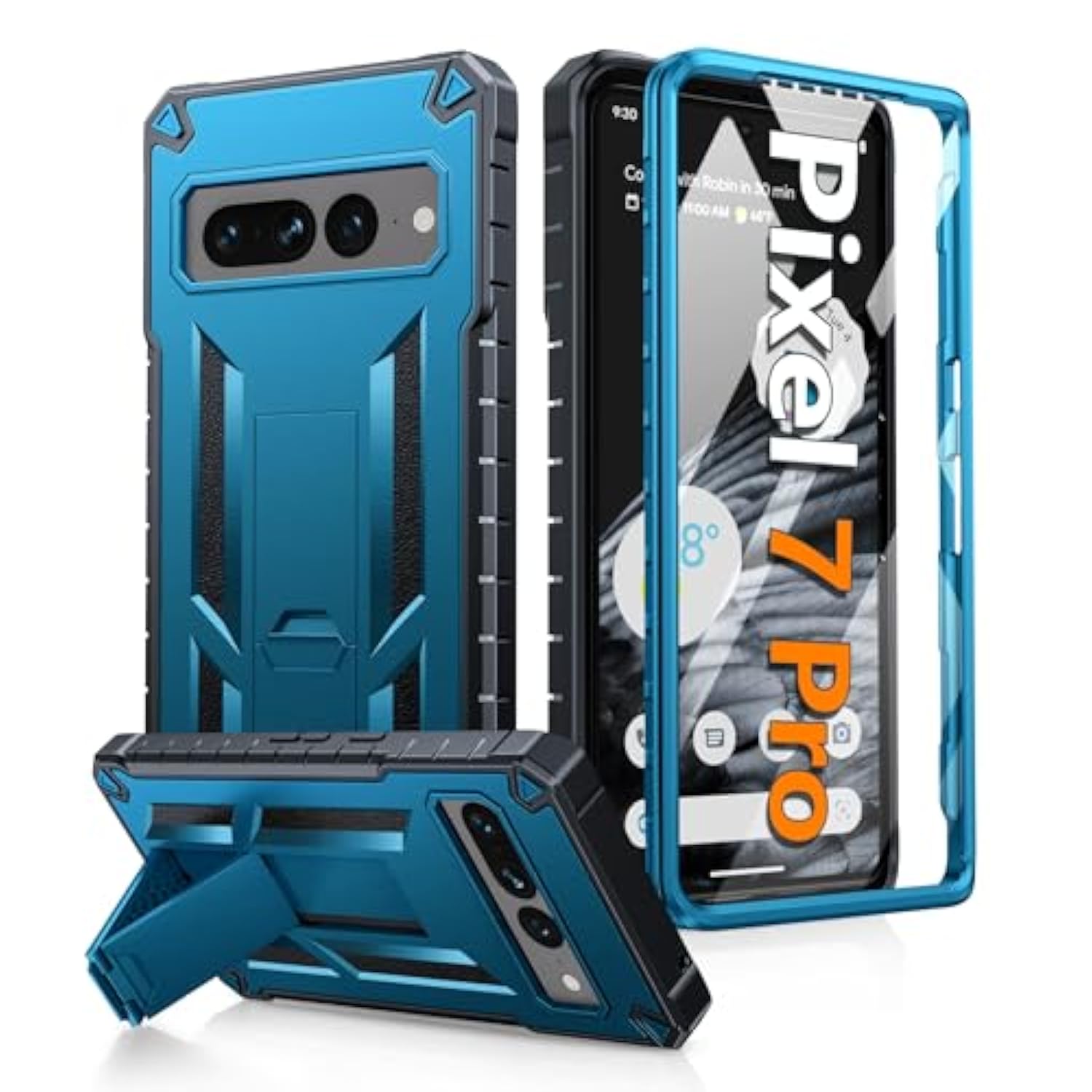 For Google Pixel 7-Pro Phone Case: Shockproof Protective With Built-In Screen Protector & Kickstand - Heavy Duty Dual Layer Rugged Military Grade Drop Proof Cell Phone Cover (Blue Black)
