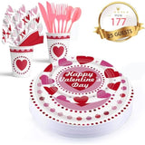 2025 Valentines Day Paper Plate Tableware Set - 177 Pcs Heart And Love Disposable Dinnerware With 2 Tablecloth - Red Paper Plates Napkins Cups For Valentines Day Kids School Office Party Supply