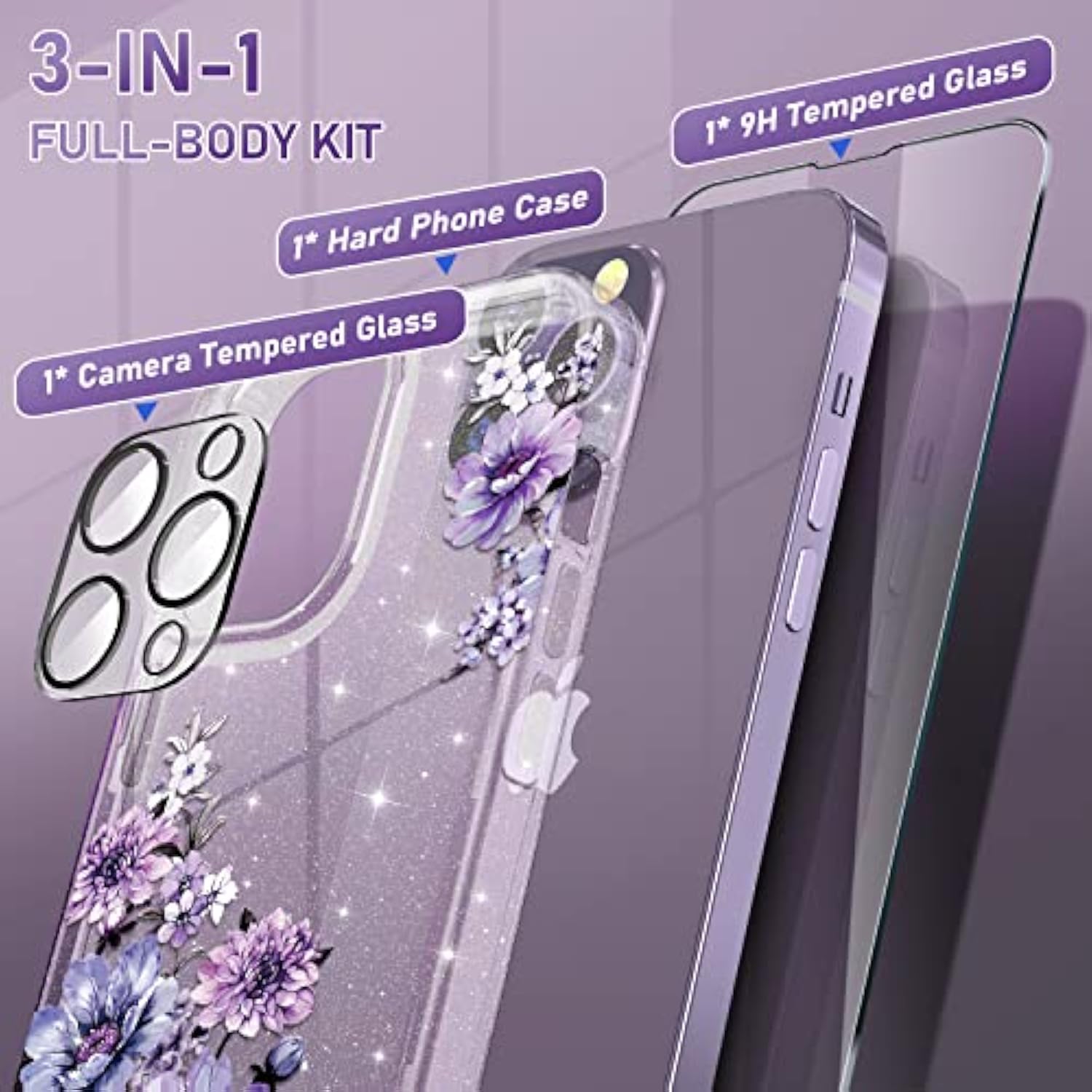(3 In 1 For Iphone 14 Pro Max Case Flower, With Screen Protector/Camera Lens Protector Cute Floral Pattern Clear Glitter Sparkly Bling Slim Hard Back Cover 6.7" For Women Girls, Purple Floral