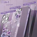 (3 In 1 For Iphone 14 Pro Max Case Flower, With Screen Protector/Camera Lens Protector Cute Floral Pattern Clear Glitter Sparkly Bling Slim Hard Back Cover 6.7" For Women Girls, Purple Floral