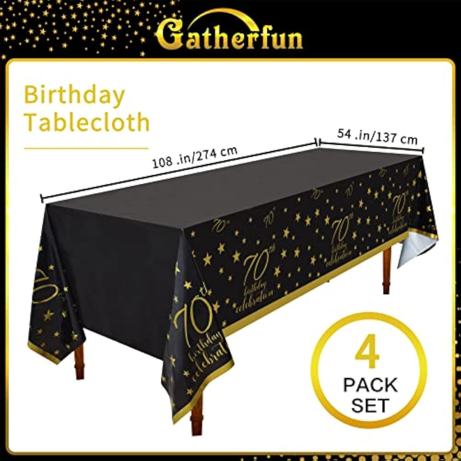 70Th Birthday Disposable Tablecloth 4 Pack Gold And Black Waterproof Plastic Table Cover For Men Woman 70 Birthday Party Decorations