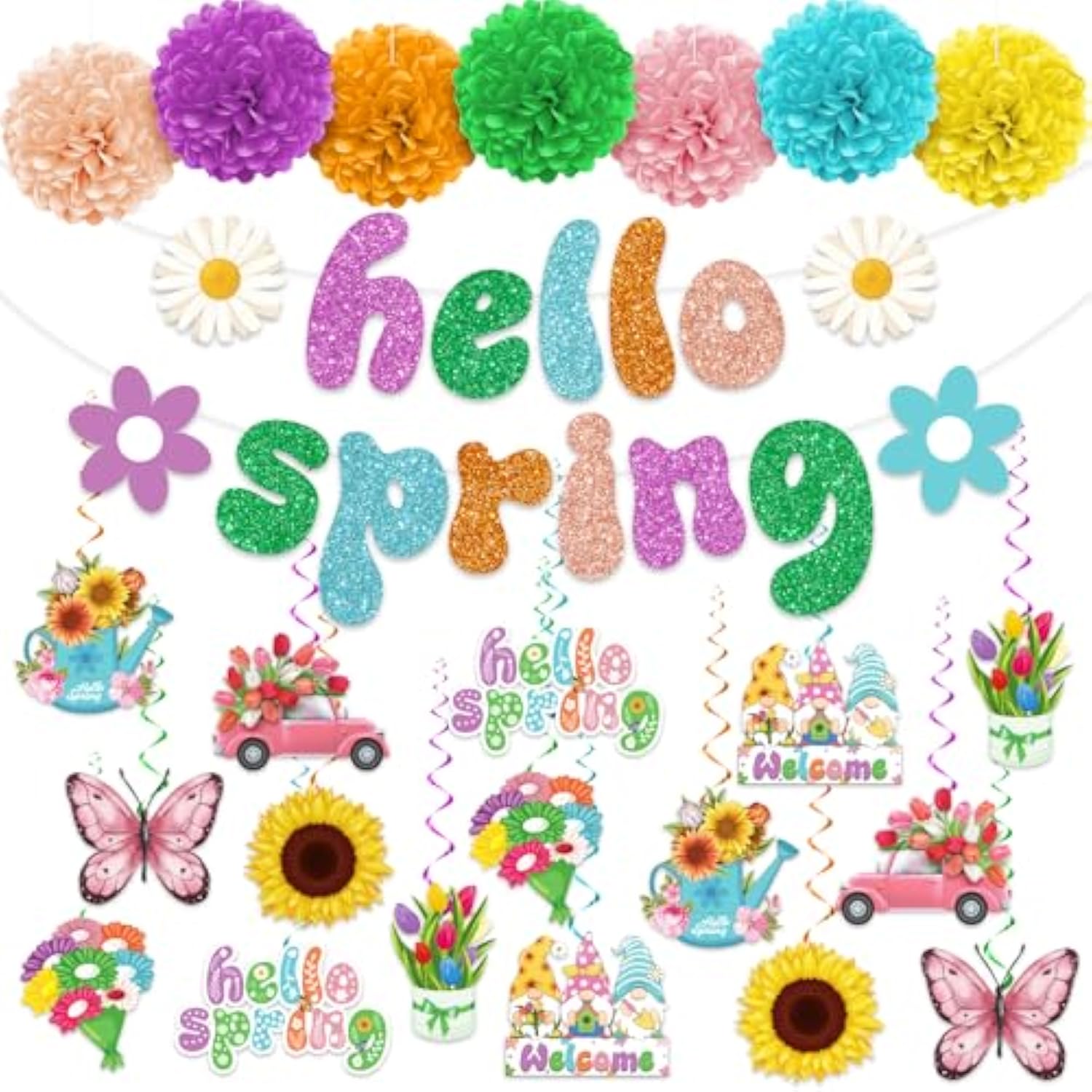 41Pc Spring Party Decorations, Hello Spring Decor Include Hello Spring Banner, Paper Pom Poms And Hanging Spring Decorations, Butterfly Hanging Decorations Spring Decorations For Home Office Classroom