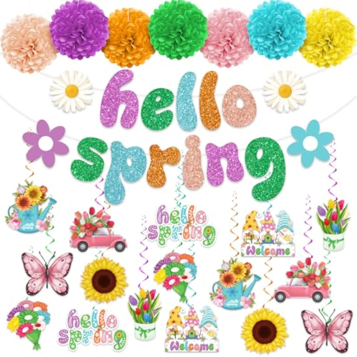 41Pc Spring Party Decorations, Hello Spring Decor Include Hello Spring Banner, Paper Pom Poms And Hanging Spring Decorations, Butterfly Hanging Decorations Spring Decorations For Home Office Classroom