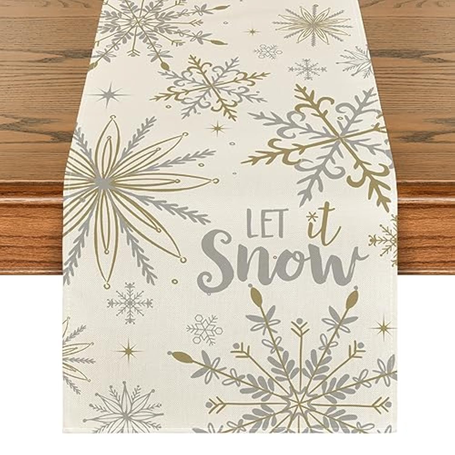 Beige Snowflake Let It Snow Winter Table Runner, Seasonal Christmas Kitchen Dining Table Decoration For Home Party Decor 13X72 Inch